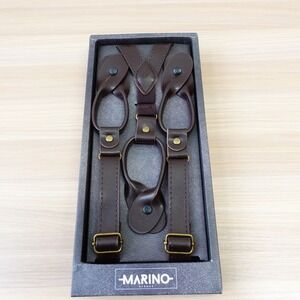 Leather Suspender Mens Chocolate Brown Skinny Button End Wedding Groom MARINO